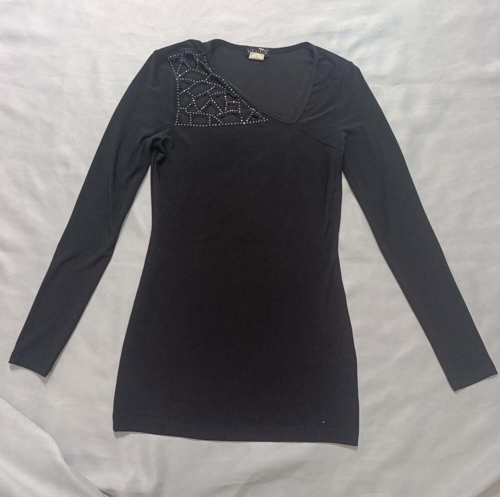 Venus Long Sleeve Top Size XS Black Rhinestone Cutout Shoulder
